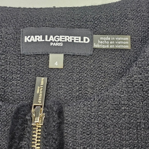 Karl Lagerfeld Paris Black Tweed Faux Fur Trim Zipper Jacket Women Size 4 Gold - Picture 4 of 11